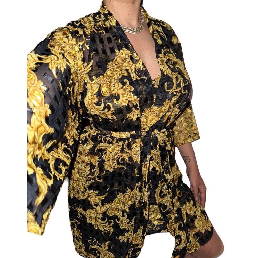 Victoria's Secret Baroque Mesh Robe Slip Set | Gold Black | Vintage Lingerie - Picture 7 of 7